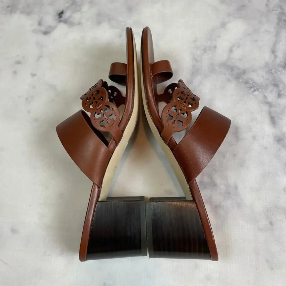 Tory Burch Tiny Miller Toe Ring Laser Cut Sandals Block Heel Slides NWOB Sz 10